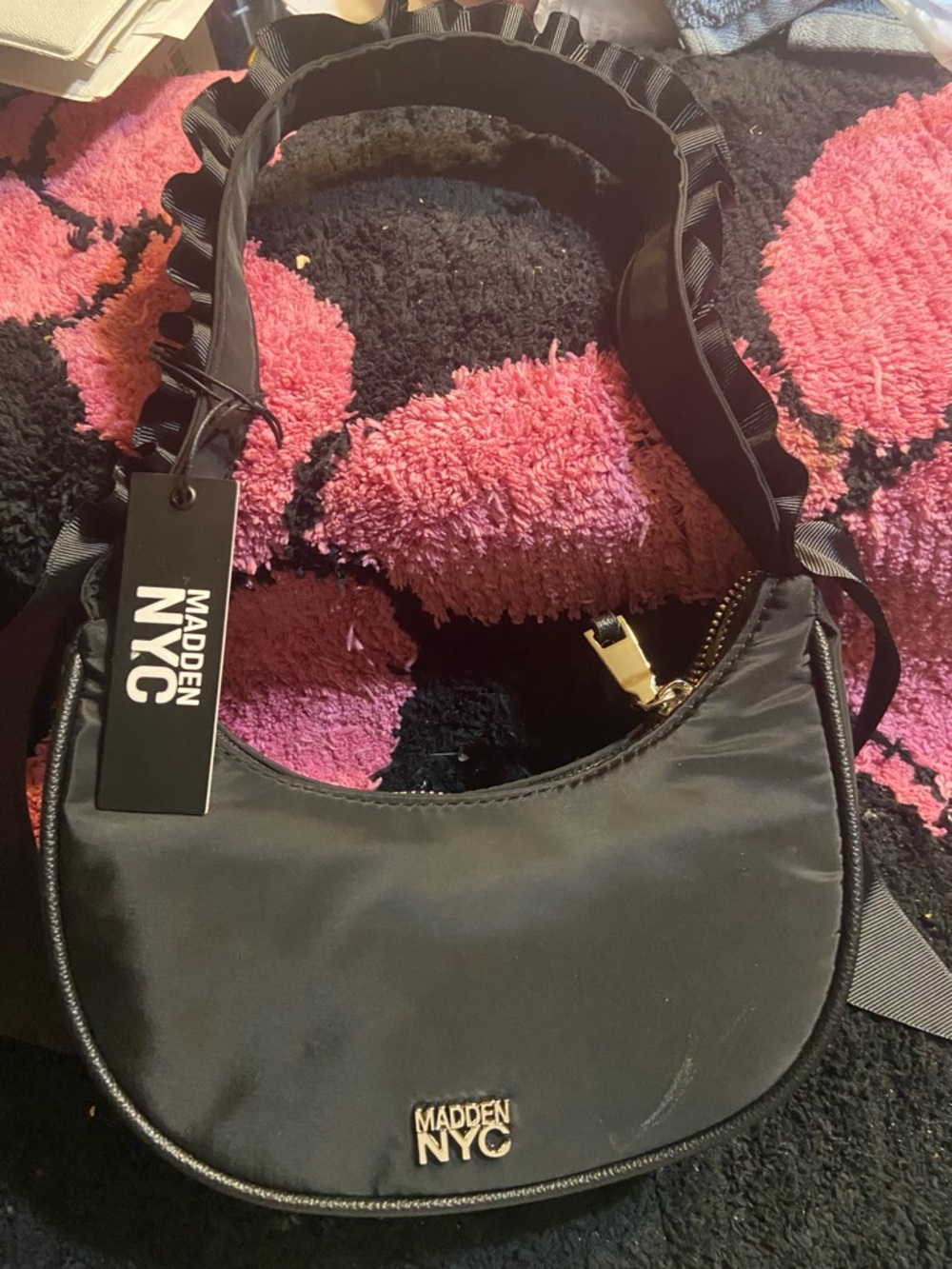 Black Ruffled Strap Shoulder Bag by Madden nyc